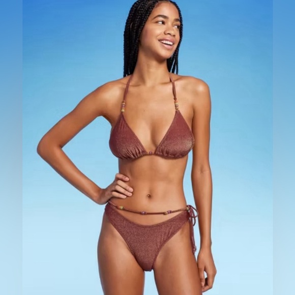 Women's Beaded Strap Triangle Bikini Top & Beaded Side-Tie Cheeky Bikini Bottom - Picture 5 of 6